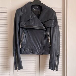 BCBGMaxAzria "Shayla" Navy Blue Leather Jacket with a wired adjustable collar